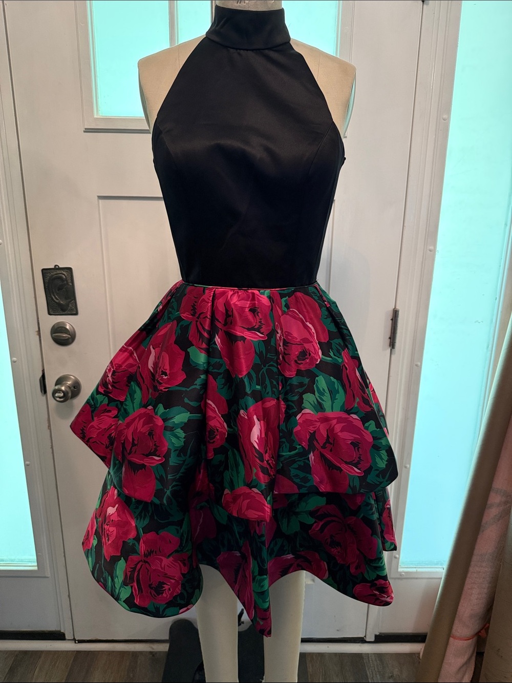 Sherri Hill Black Halter Top Dress with Red Rose Print Flounce Skirt 2